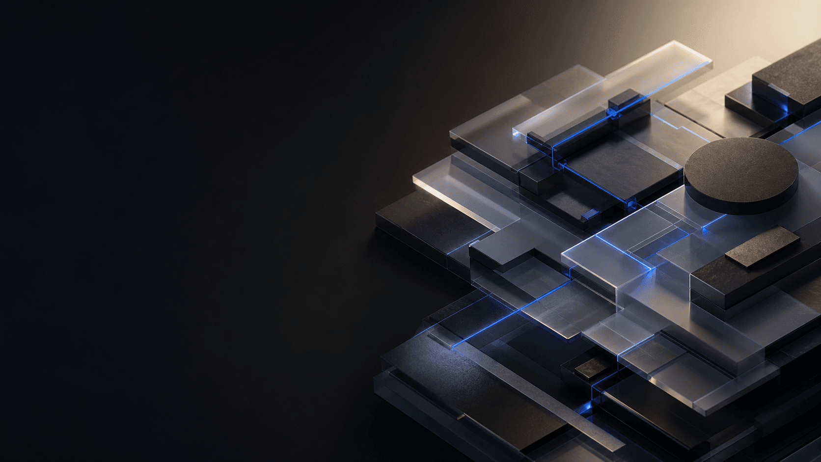 Abstract dark and glass business-system modules connected by blue workflow lines
